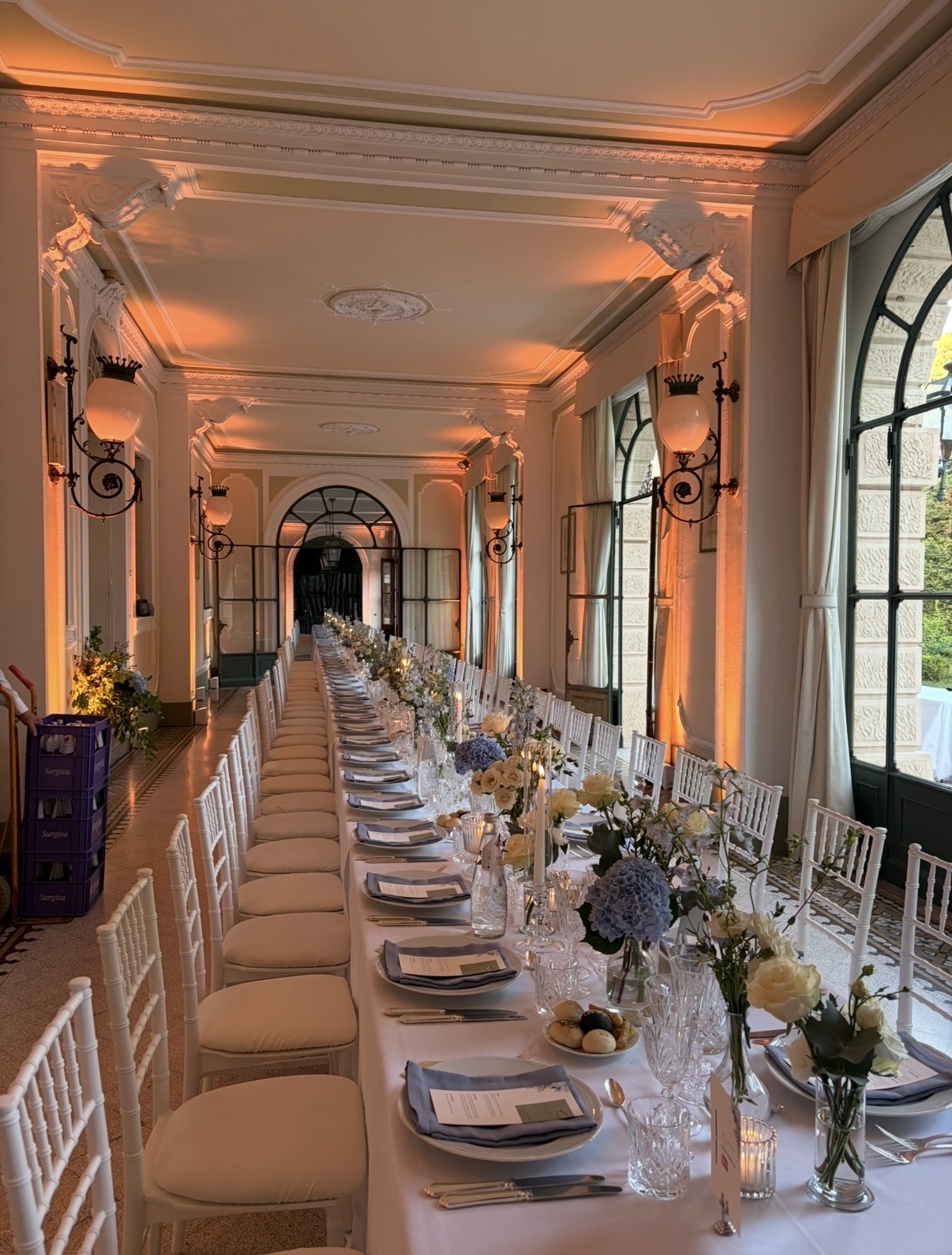 Wedding dinner with warm amber lighting