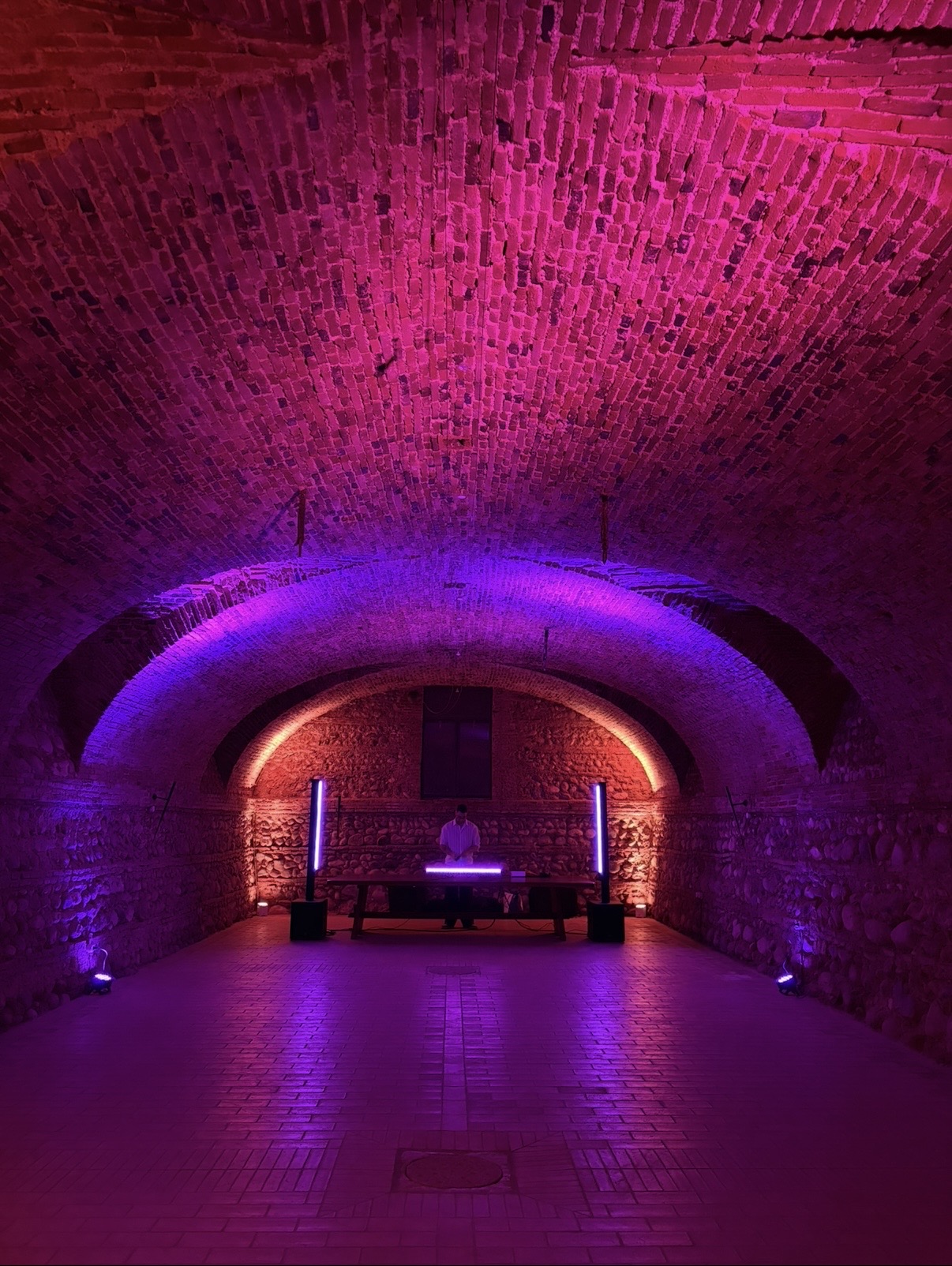 Dennis DJ setup beneath brick vaults with purple and amber lights